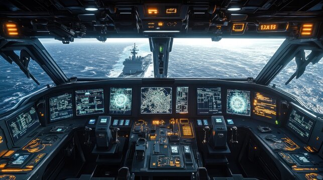High-tech cockpit view of a futuristic vessel.  Vast ocean expanse, with a warship in the distance.  Detailed displays and controls