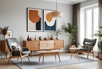 Fototapeta premium Modern Living Room Interior: A stylish, light-filled living space, featuring contemporary furniture, art, and decor. The warm, natural tones create a sense of calm and comfort.