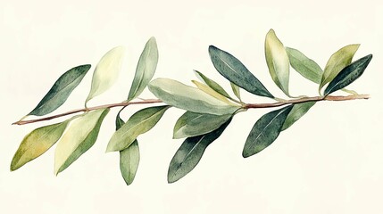 A watercolor painting of a green olive branch with leaves