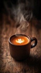 Fototapeta premium Steaming latte art in a rustic brown mug on wooden surface. Warm drink