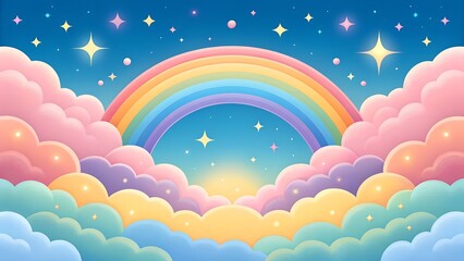 Rainbow fantasy sky with dreamy clouds and sparkling stars. A magical pastel landscape filled with soft hues and celestial beauty, perfect for a whimsical backdrop