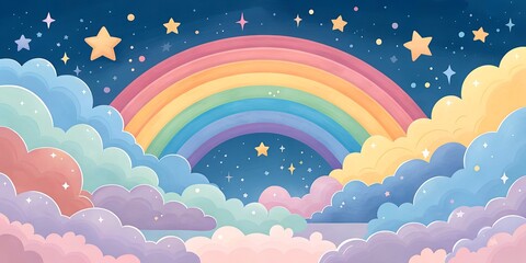 Soft pastel sky with a vibrant rainbow and twinkling stars. Magical fantasy clouds in shades of pink, blue and purple. Whimsical dreamy night scene banner and cover