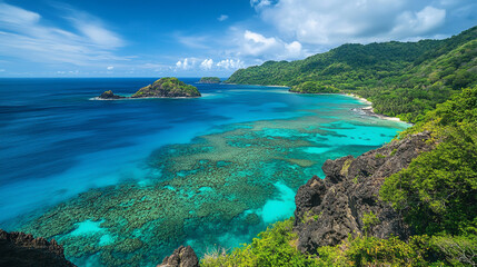 Fototapeta premium Behold an Awe-Inspiring Panorama of an Island – A Stunning Landscape Where Diverse Terrains Intertwine