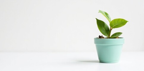 Small plant in a small pot on white background, foliage, blossoms