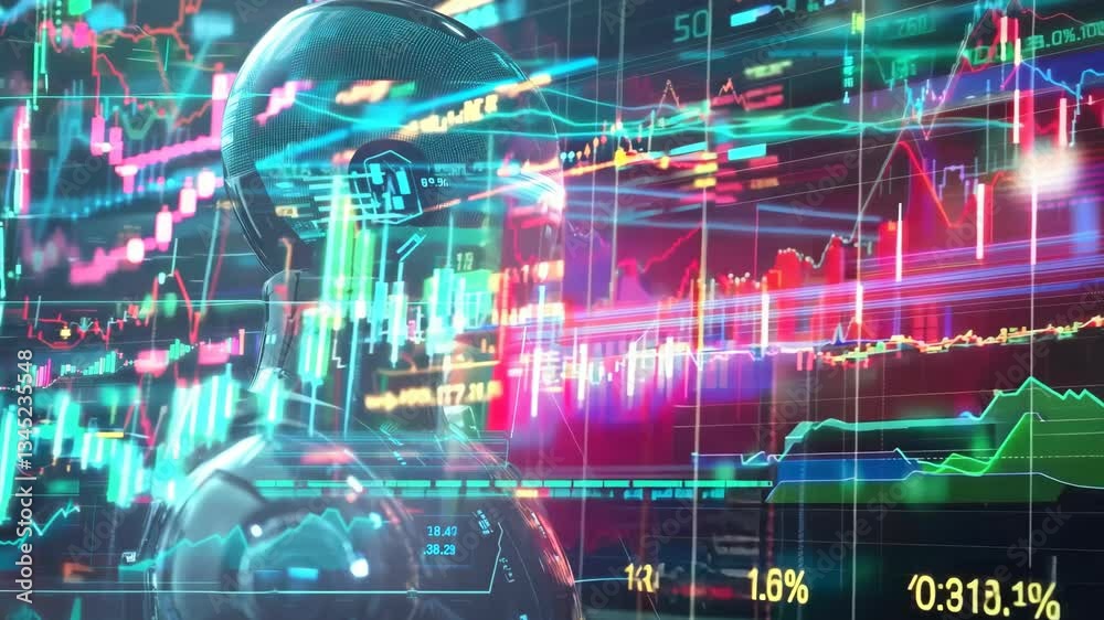 Poster futuristic robot analyzing data in a high-tech digital environment