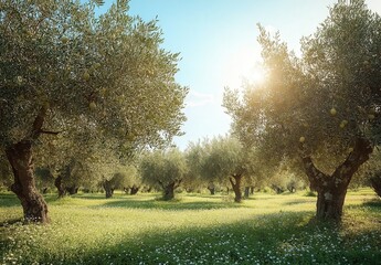 Obraz premium Lush Olive Grove Under Clear Blue Sky with Sunlight Shining Through Green Foliage and Vibrant Wildflowers in a Serene Spring Landscape