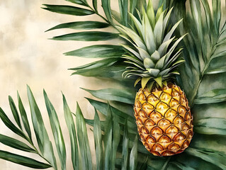 Fototapeta premium A pineapple resting on a bed of large green palm leaves, soft watercolor effect, artistic and fresh, transparent background