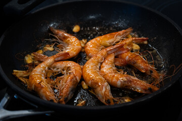 Delicious food, shrimp in a pan