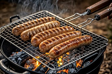 a close-up of several sausages being grilled on a portable barbecue grill sosis mangal