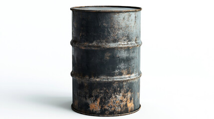 Naklejka premium Black industrial oil drum on a white background, with a weathered, rusted texture and a matte finish