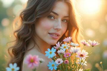 Naklejka premium A woman holding a bouquet of wildflowers, with sunlight illuminating the petals against a dreamy bokeh backdrop.AI-generated 