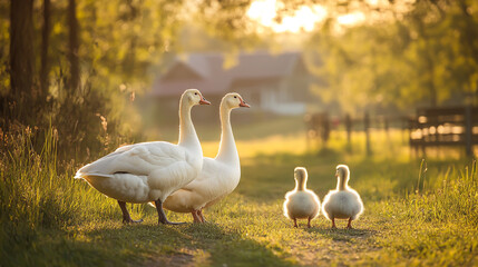 Obraz premium Charming Country Goose Family Living in a Serene Rural Setting