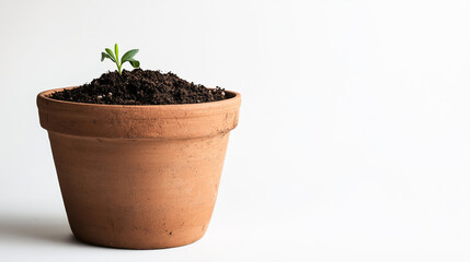 Clay brown pot filled with soil, set against a clean white background, highlighting the earthy tones and natural texture