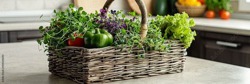 Poster rustic basket brimming with fresh microgreens and colorful vegetables on a kitchen countertop genera