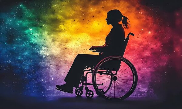 Silhouette of Woman in Wheelchair Against Colorful Galaxy Background