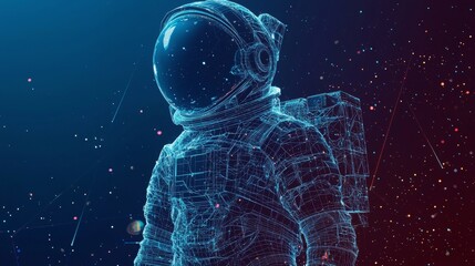 3D illustration of astronaut with technological wireframe