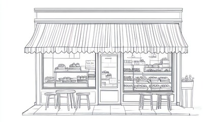 Vintage bakery sketch, storefront exterior, cafe, street view, drawing, digital art, food shop, illustration