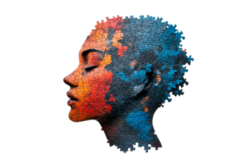 Colorful puzzle pieces depict a human head silhouette isolated on transparent background