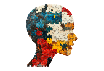 Colorful puzzle pieces depict a human head silhouette isolated on transparent background