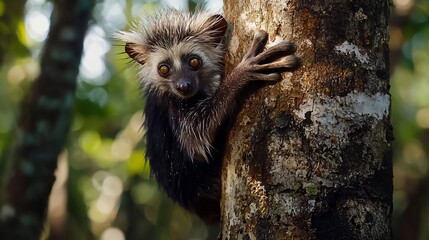 Naklejka premium Majestic Aye Aye clinging to a tree in the Madagascar rainforest its long middle finger tapping on the bark to find hidden insects