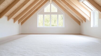 Fototapeta premium Empty, bright attic room with wooden beams and large window