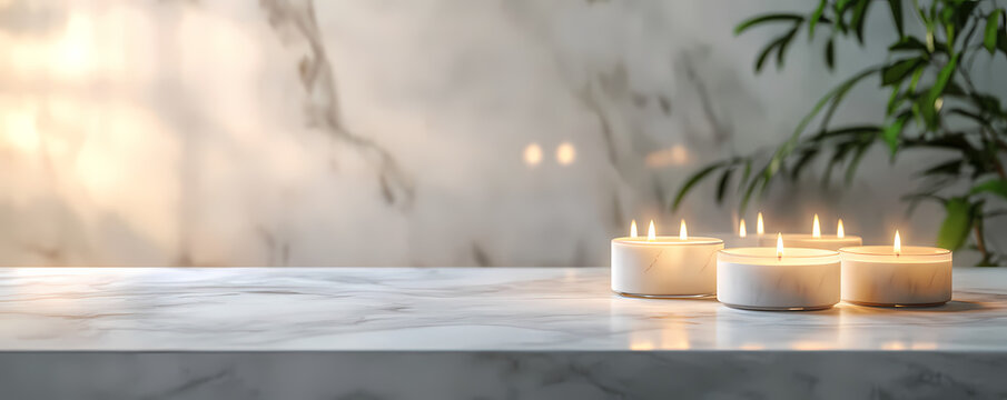 Serene Candles: A minimalist display of glowing candles casting a warm, inviting light, set against a backdrop of a marble surface and soft greenery, evoking tranquility and relaxation.
