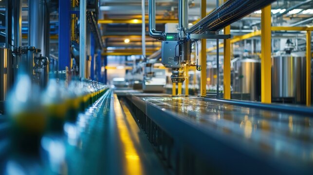 Robotic arm processing bottles on a conveyor belt within a factory