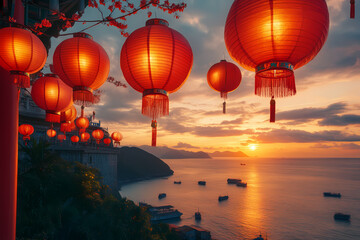 Obraz premium Glowing Lanterns Over the Sea: Red lanterns casting a warm glow, are suspended over the sea during the sunset creating a beautiful scenery.