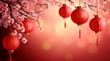 Festive Lanterns and Blossoms: Capturing the essence of celebration, a vibrant array of red lanterns and delicate cherry blossoms hang, casting a warm, inviting glow.