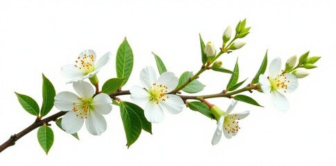 Obraz premium Leafy branch with delicate flowers isolated on white background, flora, greens, botanical