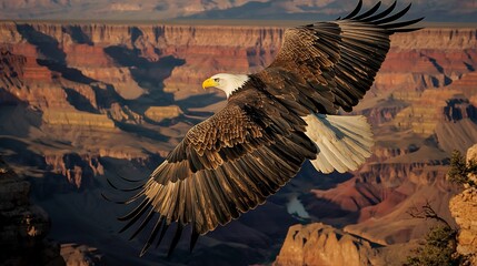 Majestic bald eagle soaring over the Grand Canyon wings fully extended high contrast golden hour lighting ultra sharp wildlife shot