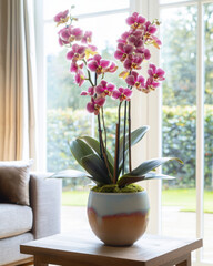 Orchid plant arrangement in bright living room home decor contemporary style serene atmosphere indoor view nature's beauty