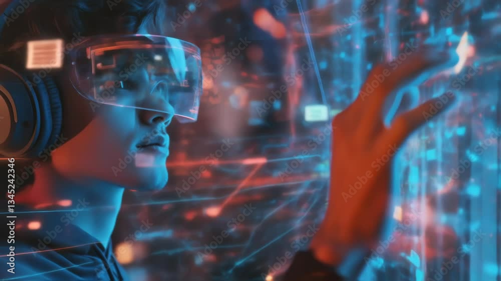Poster software developer wearing vr headset and headphones is working with virtual reality interface, touc