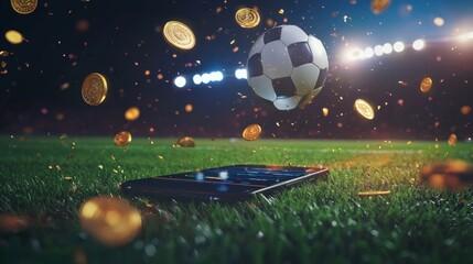 Naklejka premium Smartphone on Grass Field with Soccer Ball and Floating Coins