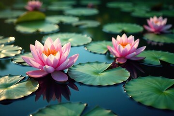 Vibrant water lilies forming a natural pattern on lake, macro, image, pond