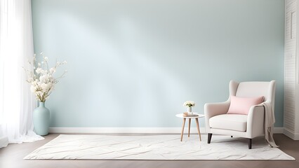 A peaceful living room scene featuring a cream armchair, light blue walls, white flowers.