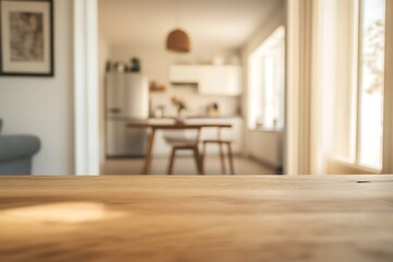 Wooden Tabletop with Blurred Background of Modern Kitchen and Living Room