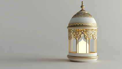 Intricate lantern: Illuminated interior view of an ornately detailed and artistically crafted lantern, with warm glowing interior illumination and an intricate design, standing on a light surface.