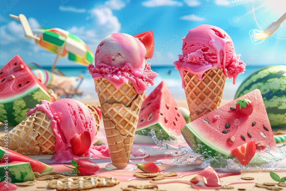 Aufkleber enjoy refreshing watermelon ice cream and popsicles at a sunny beach picnic with vibrant colors and 