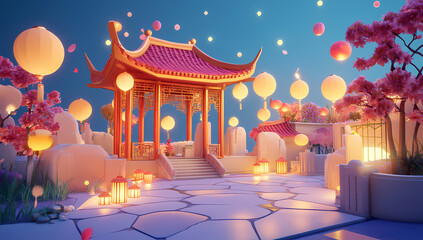 Fototapeta premium Lanterns of Tranquility: A stylized illustration showcases a serene oriental pavilion illuminated by glowing lanterns, set against a vibrant twilight sky and lush, blossoming flora.