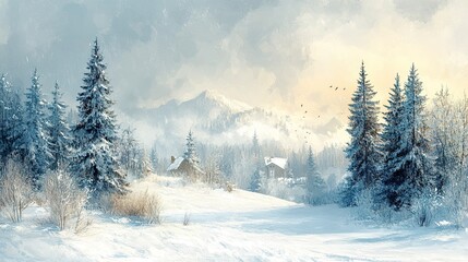 A beautiful snowy winter landscape showing houses and trees in distance