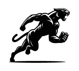 Black panther in running pose, with clenched fist and open mouth, isolated on white background