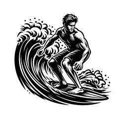 Fototapeta premium Man Surf on Wave in Detailed Black and White Outline Line Art Drawing Illustration