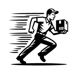 Courier Running Fast and Holding a Box in Black and White Vector Graphic Illustration Style