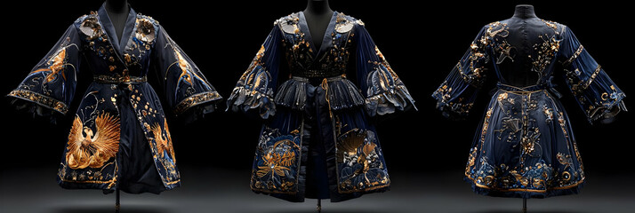 Elegant Dark Blue and Gold Embellished Robe on Mannequin