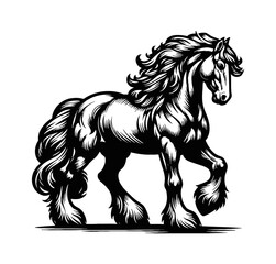 Elegant Horse Walking with Flowing Mane and Tail in Detailed Black and White Vector Illustration