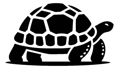 Turtle Silhouette Crawling on Ground with Detailed Shell and Legs in Black and White Isolated