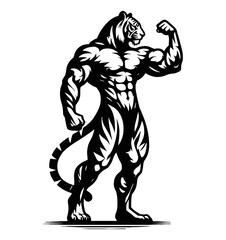 Fototapeta premium Tiger Standing and Flexing Bicep with Muscular Body in Black and White Silhouette Line Art Drawing