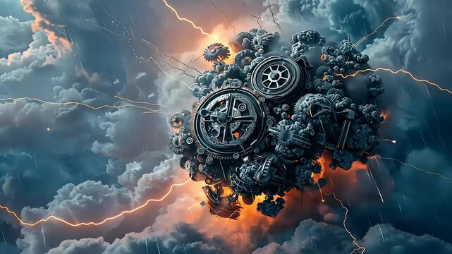 Apocalyptic Clockwork Storm: A digital artwork depicting a colossal clockwork mechanism amidst a raging thunderstorm, symbolizing chaos and the unpredictable nature of time.