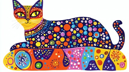 Colorful Cat Illustration with Vibrant Patterns and Playful Design